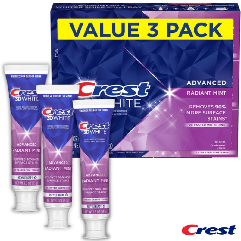 Crest 3Dホワイト Advanced ラディアントミント 93g の外箱とチューブ